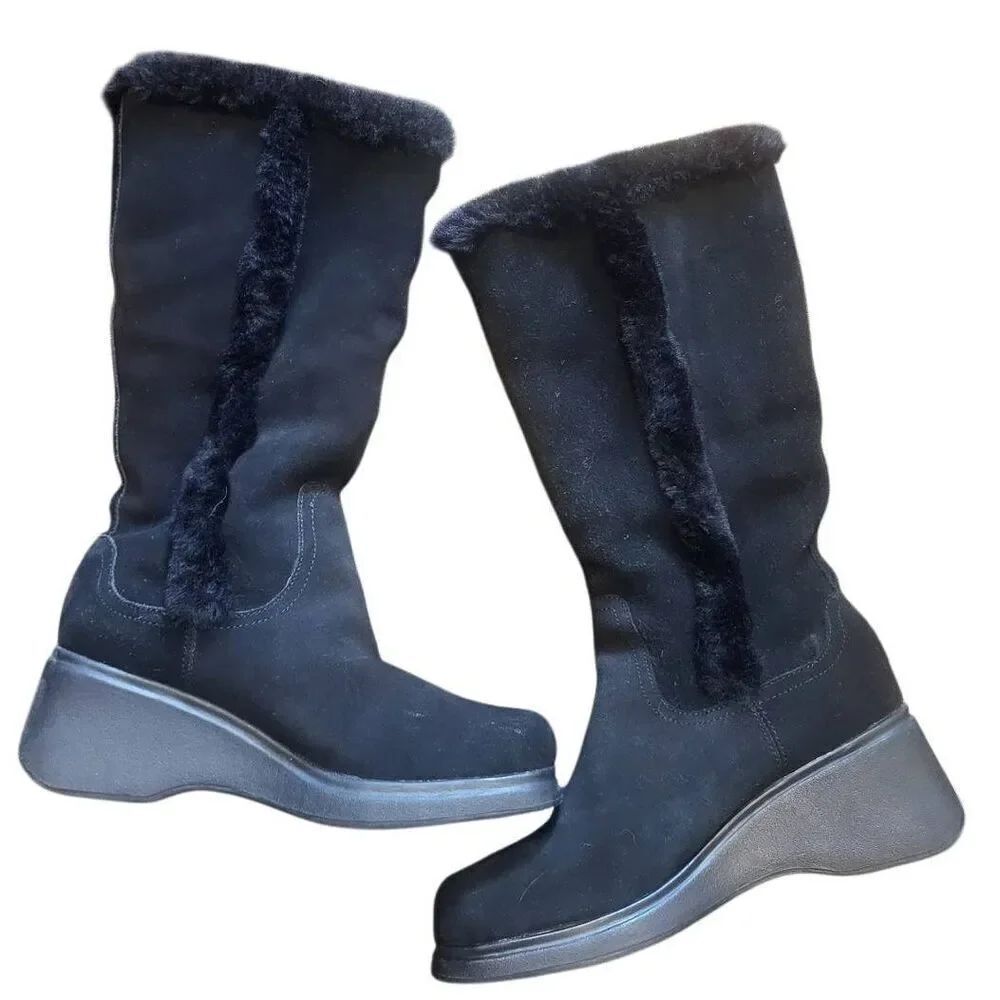 Vintage Y2K Bongo Boots Women's 8 Black Suede Leather Wedge Faux Fur Trim